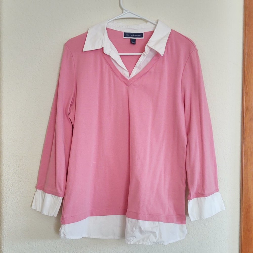 KAREN SCOTT SIZE LARGE PINK WHITE LAYERED KNIT TOP BLOUSE COLLARED V NECK